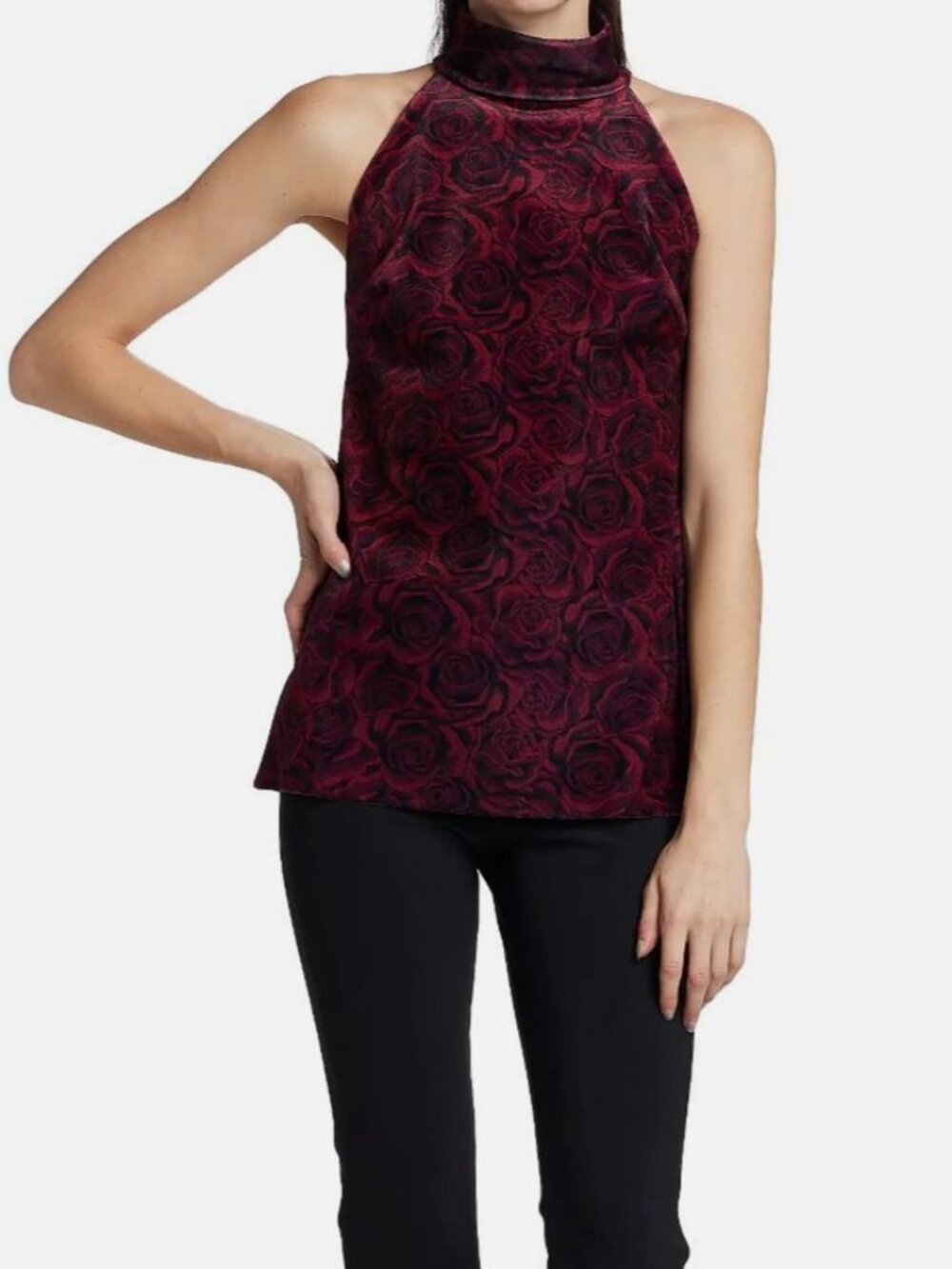 Chiara Boni La Petite Robe Red Black Tiffy Velvet Rose Print Halter Top Size 36